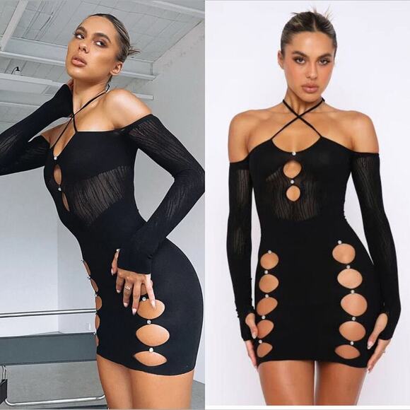 White Fox Keep On Looking Mini Dress in Black ONE SIZE cut out rhinestone - Picture 1 of 7